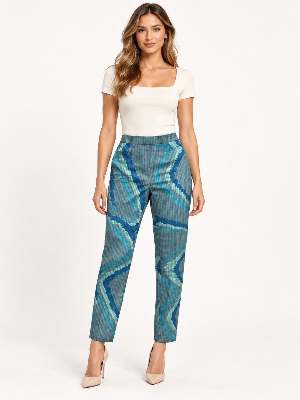 Akris Punto Blue Green Geometric Print Cotton Stretch Pants US 2 Waist 28”